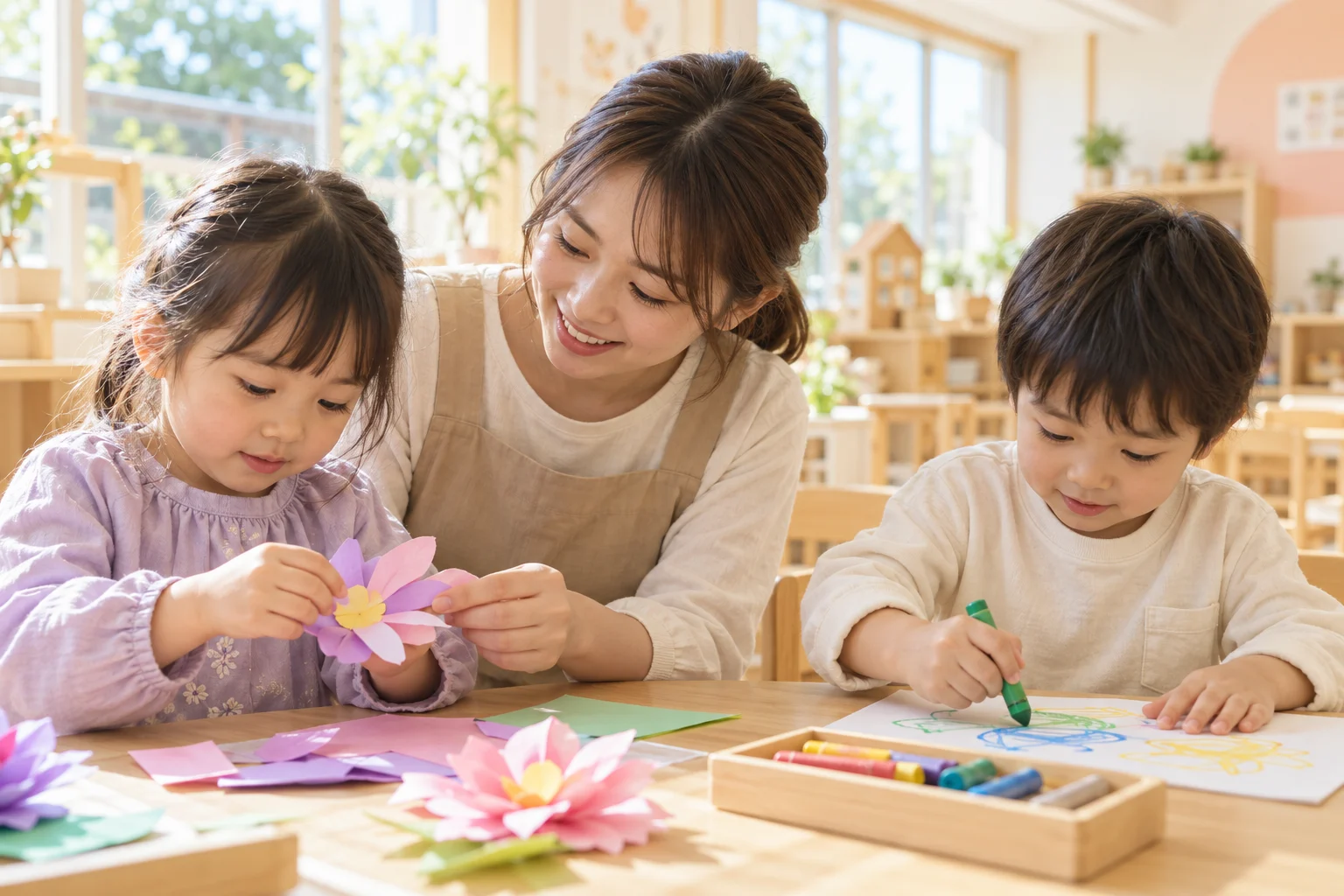 工作に夢中になる子どもたちと保育者のAI生成イメージ。