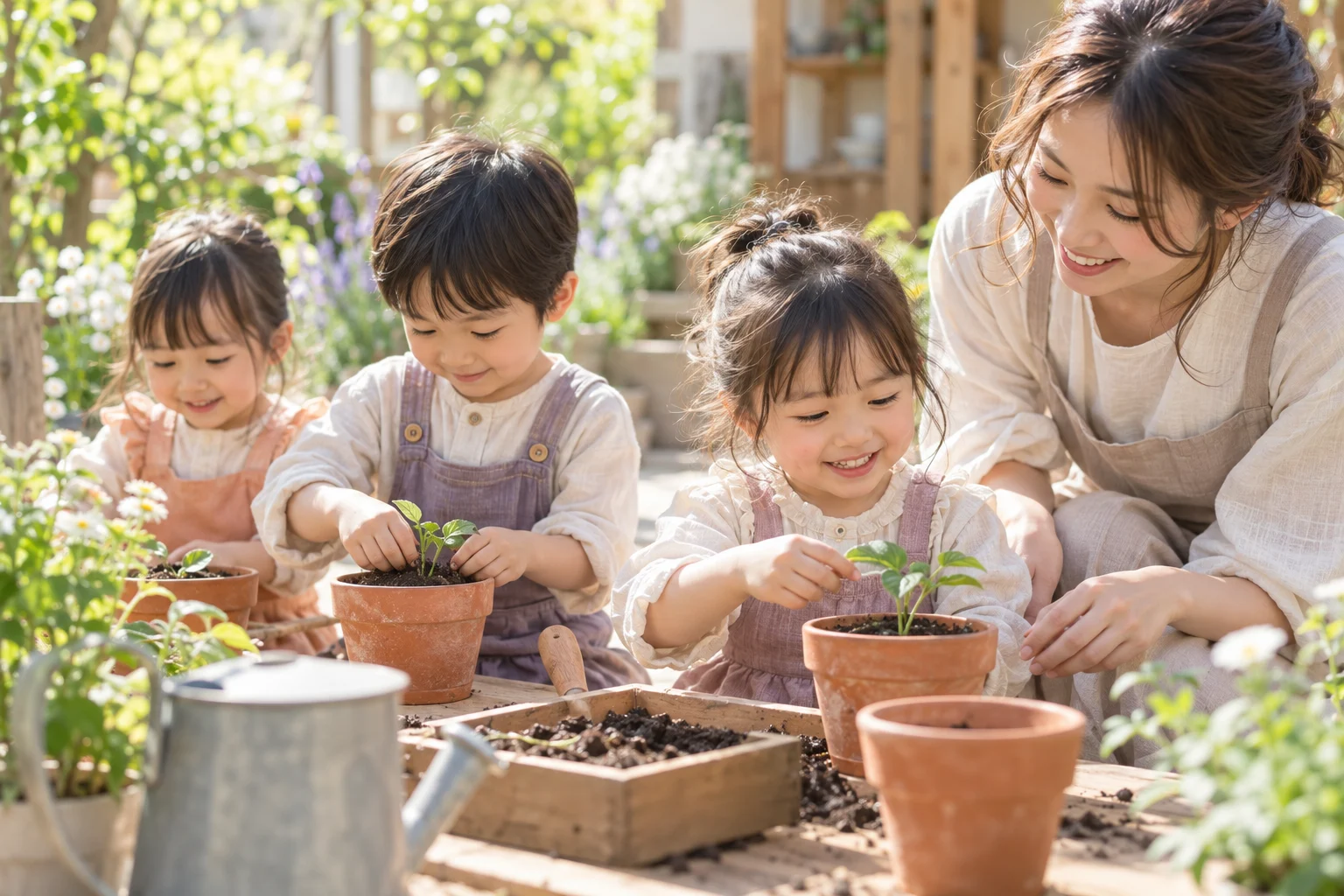 苗植えに挑戦する子どもたちのAI生成イメージ。